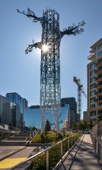 Tall metal sculpture shaped like a branching tree with the sun shining through its open steel f ...