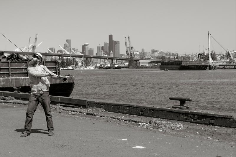 Pulling Cable across the East Duwamish with City Skyline