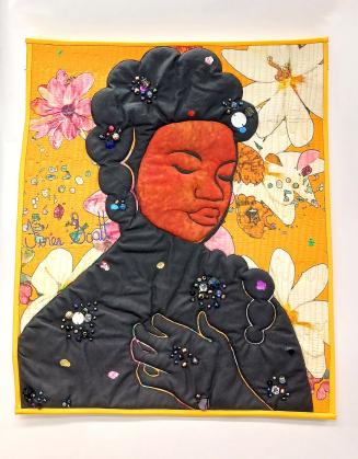 A black silhouette of a woman's head and shoulders with a bold orange face/mask. The subject's  ...