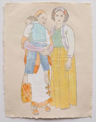 Two women stand next to each other, one holding a child. The women are in traditional Ethiopian ...
