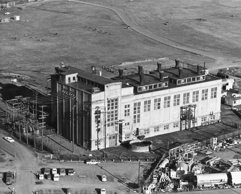 Aerial view of Georgetown Steamplant looking southeast.  Over view of north and west elevations, Greely Substation.